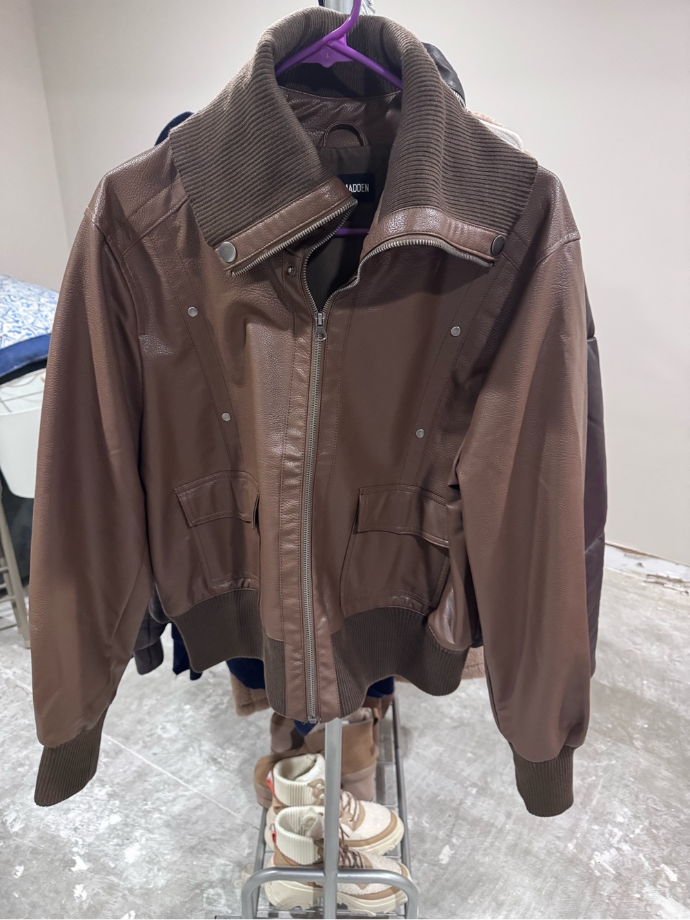 Brown Women's ther Faux Leather Bomber Jacket - Picture 2 of 4